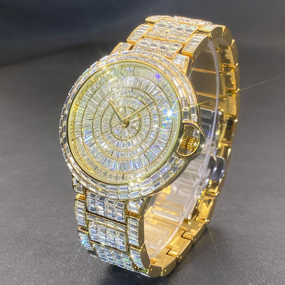 1pc PLADEN Luxury Men'S Square Ice Watch with Rhinestones, Fashion Hip-Hop Faux Faux Faux Gemstone, Round Dial, Alloy Band, Quartz Movement, Battery Operated, Water Resistant, for Party, New Year, Independence Day, Ramadan