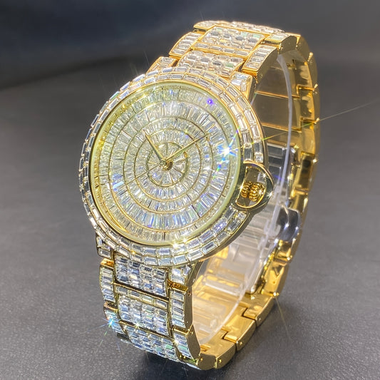 1pc PLADEN Luxury Men'S Square Ice Watch with Rhinestones, Fashion Hip-Hop Faux Faux Faux Gemstone, Round Dial, Alloy Band, Quartz Movement, Battery Operated, Water Resistant, for Party, New Year, Independence Day, Ramadan