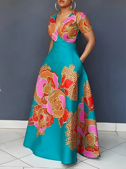 Floral Print V Neck Dress - Elegant Short Sleeve A-line Flowy Dress for Spring & Summer - Women's Clothing - For Women - Perfect for Casual Occasions, Parties & Dates - Ideal Gift for Her