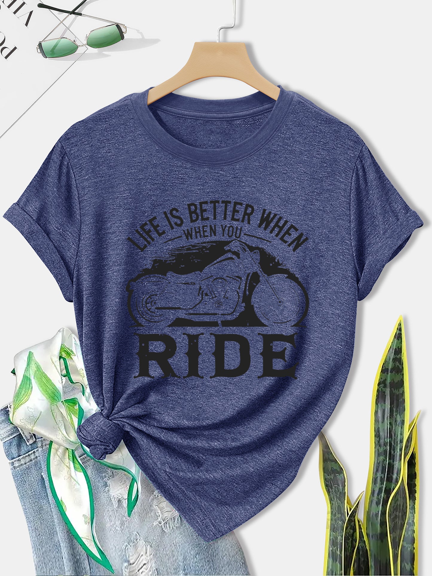 Women'S Motorcycle Graphic Long Sleeve T-Shirt - Turquoise Riding Slogan Print, Loose Fit Casual Top with Round Neck, All-Season Comfort for Motorcycle Enthusiasts, Outdoor Riding & Casual Attire, Breathable & Durable Apparel