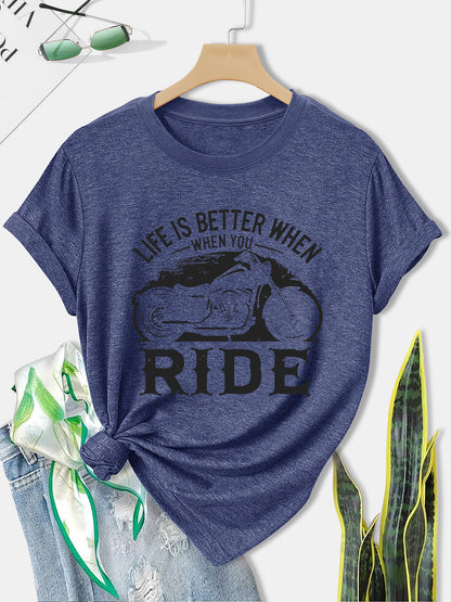Women'S Motorcycle Graphic Long Sleeve T-Shirt - Turquoise Riding Slogan Print, Loose Fit Casual Top with Round Neck, All-Season Comfort for Motorcycle Enthusiasts, Outdoor Riding & Casual Attire, Breathable & Durable Apparel