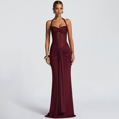 Women's Elegant Ruched Halter Neck Maxi Dress, Slim Fit Summer Party Dress