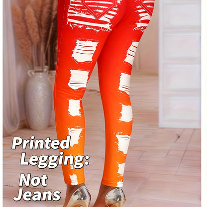 [Printed Pants - Not Denim Fabric] Printed Legging - Not Denim Fabric - Christmas Plus Size Women's Digital Print Denim-Look Leggings, Stretch Polyester, All-Season Casual Slim-Fit Pants, Regular Fit, Adult Sizes, Machine Was