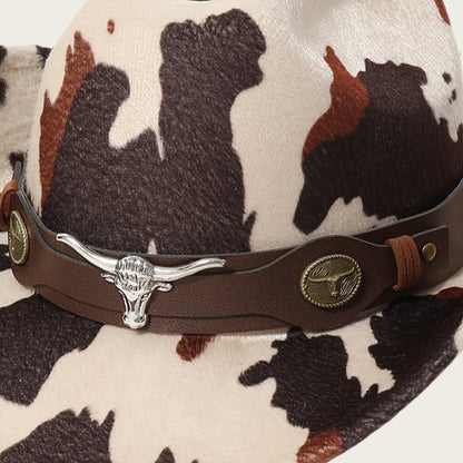 1pc Black Retro Print Wide-Brimmed Cowboy Hat with Anti-Compression Strap & Bull Horns Charm - Durable Non- Material for Outdoor, Camping, BBQ, Street Fashion - Spring/Autumn Western Style
