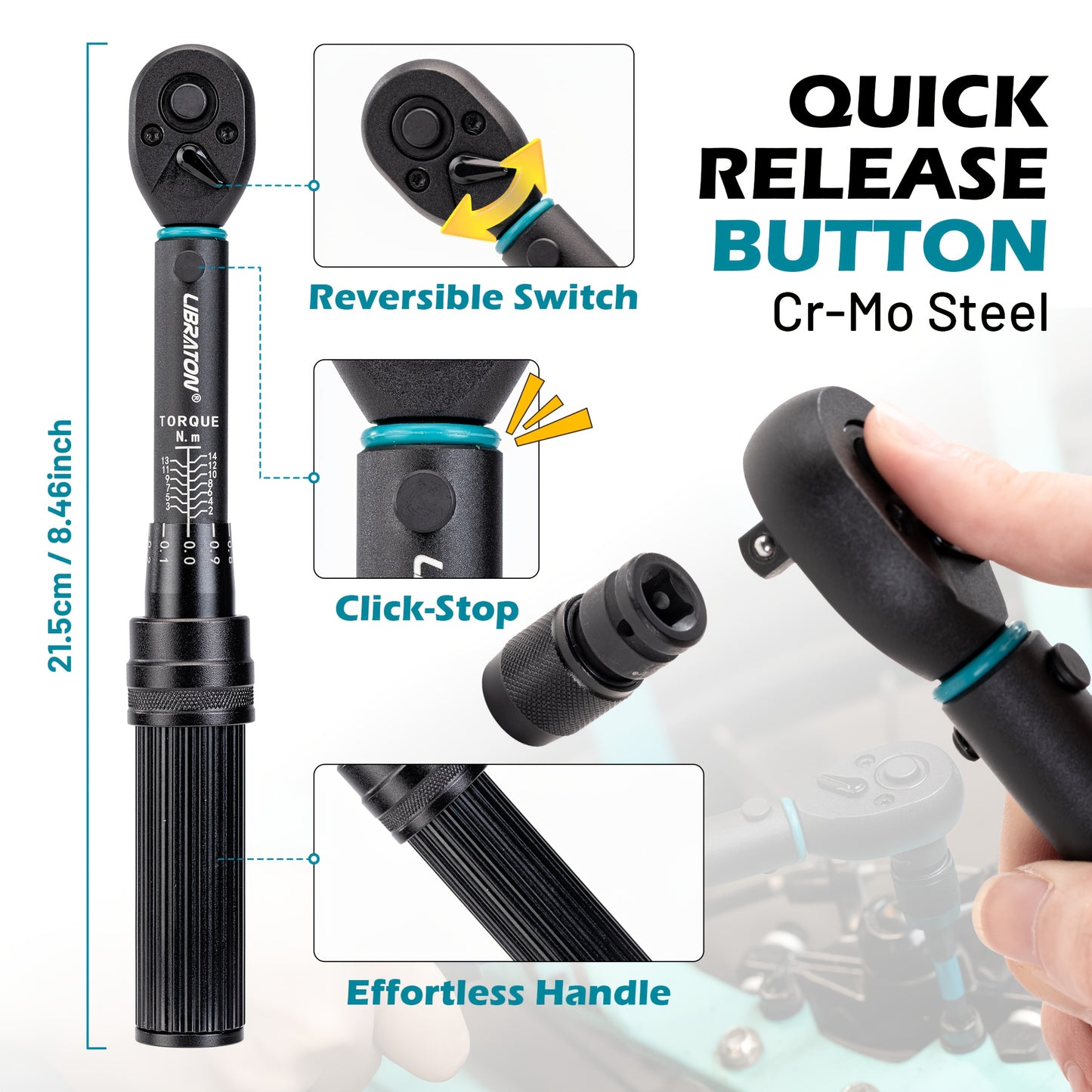 LIBRATON Bike Torque Wrench 1/4"Dr 2-14 Nm, 21pcs Set 72-Tooth Gear Torque Wrench, 0.1 Nm Micro Click Torque Wrench Set, Hex & Torx Impact Bits, Nut drivers, Impact to 1/4" HEX Converter, Bicycle Repair Kit,  Bicycle Maintena