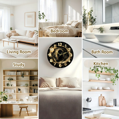 Glass Deep Sparkling Golden Vast Universe Wall Clock, Dark Tempered Glass Face with Film Coating for Living Room, Bedroom, Kitchen & Office Decor - Unique Aesthetic Home Artwork, Ideal Birthday Gift and Modern Housewarming Pr