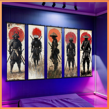 5pcs Samurai Sunset Scroll Wall Art Set - Anime-Themed Vertical Canvas Prints, Retro/Classic/Art Deco Hanging Posters for & , Male Warrior Decor for Living Room, Bedroom, Office - Ideal Gift for & History Buffs