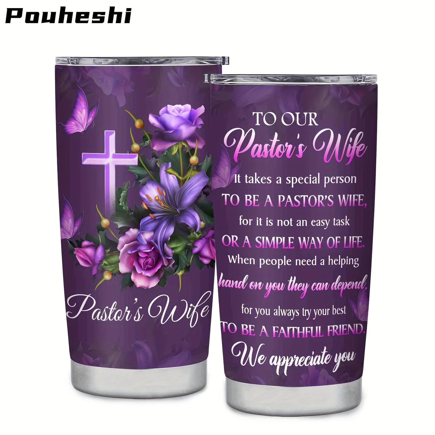 1pc 20oz Double-Layer Insulated Stainless Steel Water Cup, Shatterproof, Sealable, With Lid, 304 Stainless Steel, Letter Print, Pastor'S Wife Theme, Personalized Gift, for Friend