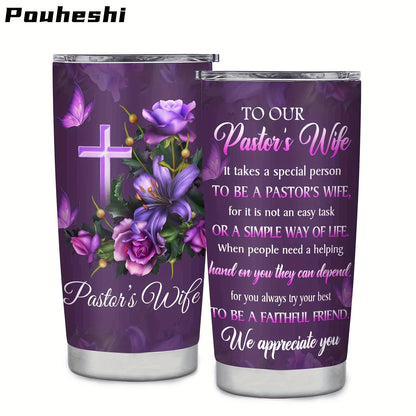 1pc 20oz Double-Layer Insulated Stainless Steel Water Cup, Shatterproof, Sealable, With Lid, 304 Stainless Steel, Letter Print, Pastor'S Wife Theme, Personalized Gift, for Friend