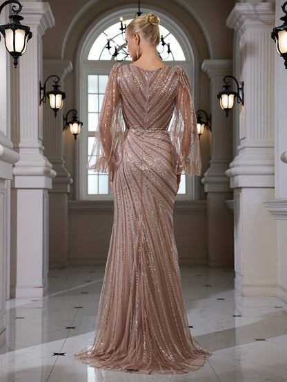 Elegant Square Neck Long Sleeve Bodycon Fishtail Gown with Applique Sequins | Perfect for Weddings, Banquets, and Parties, All-Season Wear