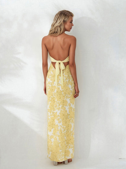 Women's Elegant Strapless/One-Shoulder Hollow Out Floral Print or Solid Pink Tube Bodycon Maxi Dress with Bow Tie Back - Mermaid Silhouette Long Formal Evening Party Wedding Dress, Hand Washable Summer Dress for Women, Stylis