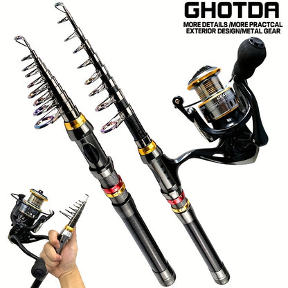 [GHOTDA Fishing Rod & Reel] GHOTDA Telescopic Fishing Rod & Reel Combo - 70-140 Inch Carbon Fiber, Lightweight, Adjustable, Medium-Fast Action, Super Hard, Freshwater & Saltwater, Spinning Technique, Portable, Foldable, Durab