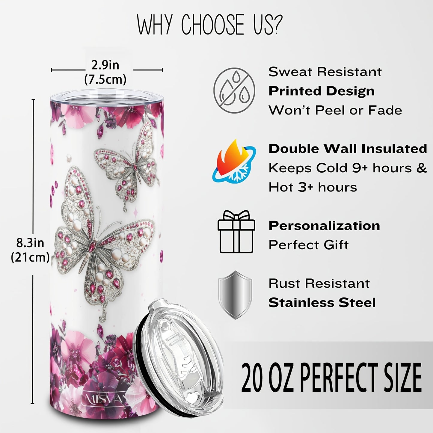 1pc Customized Name Stainless Steel Tumbler | 20oz/22oz/40oz Insulated Water with Lid, Reusable, Round Shape, 304 Stainless Steel, Ideal for Easter, Thanksgiving, Father'S Day, Mother'S Day, Graduation, White Diamond Butterfl