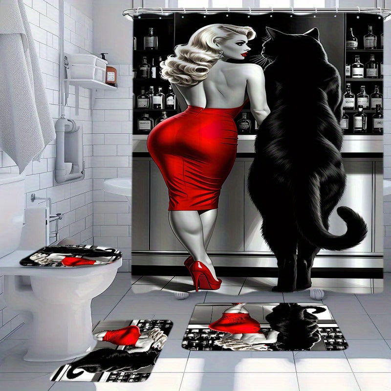 1/4pcs Beauty with Black Cat Pattern Shower Curtain Or Four-Piece Set (Including Shower Curtain, Non-Slip Mat, U-Shaped Mat And Toilet Mat) Is a Perfect Choice, a Great Gift, The Whole Set of Shower Supplies Comes with 12 Hoo