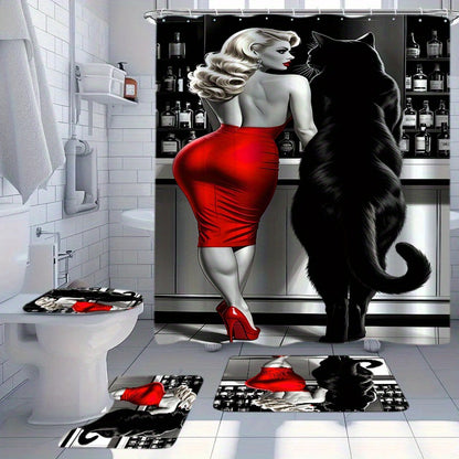 1/4pcs Beauty with Black Cat Pattern Shower Curtain Or Four-Piece Set (Including Shower Curtain, Non-Slip Mat, U-Shaped Mat And Toilet Mat) Is a Perfect Choice, a Great Gift, The Whole Set of Shower Supplies Comes with 12 Hoo