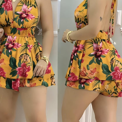 New Spring Summer Elegant Fashion Mini Jumpsuit, High-Waisted Backless with Ties, Perfect for Vacation and Cruise Trips