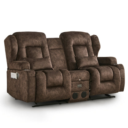 68" Rocker Recliner Loveseat Sofa with Console - Manual Reclining Rocking Chair, Faux Leather, USB Outlets & Side Pockets, Metal Frame, 110-240V Plug Powered