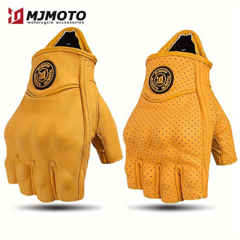 Men & Women' Retro Motorcycle Half-Finger Gloves - Yellow Breathable Riding with Hook-and-Loop Closure, Suitable for Motorbike, Dirt, Scooters, Commuting - Half-Finger for Throttle