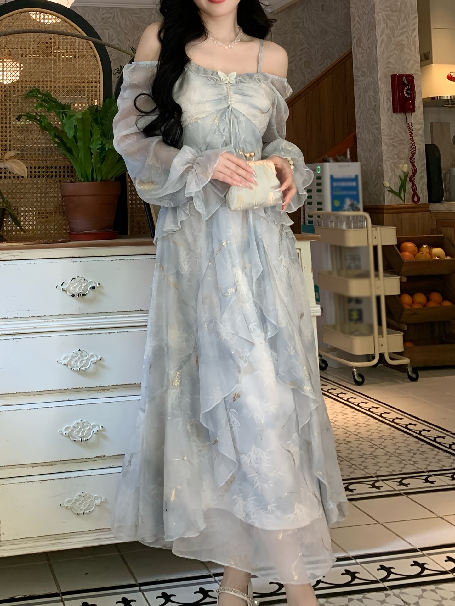 A Stylish Off-Shoulder Long Sleeve Dress for Women Featuring a Lavender Floral Pattern, Ruffle Collar, And A-Line Silhouette. Suitable for Both Formal And Casual Occasions, This Machine Washable Dress Is Perfect for Spring An