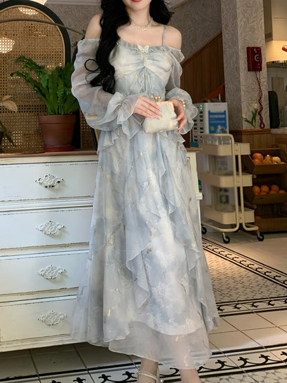 A Stylish Off-Shoulder Long Sleeve Dress for Women Featuring a Lavender Floral Pattern, Ruffle Collar, And A-Line Silhouette. Suitable for Both Formal And Casual Occasions, This Machine Washable Dress Is Perfect for Spring An