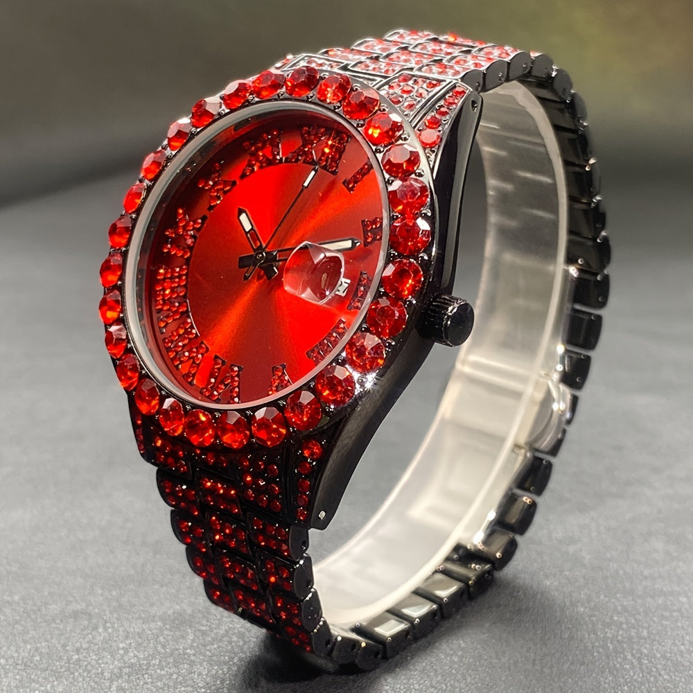 MISSFOX Luxury Rhinestone Couples Watch Compatible for - Ice Blue & Red Luminous Analog/, Calendar Chronograph (No Chronograph), Quartz Movement Wristwatch for Men & Women, Party & Casual Attire - Ideal Gift, Zinc Alloy Case/