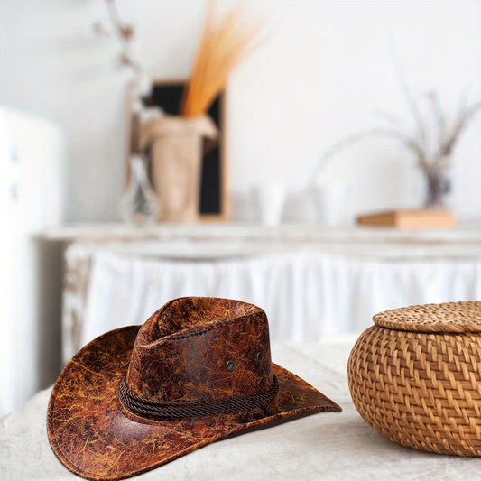 Vintage Western Cowboy Hat - Chocolate Brown, Chin Strap & Rope Band, Formaldehyde-Free, for Western, Jazz, Costume Parties - Men'S Cowboy Accessory, Cowboy Accessories, Party Accessory, Classic Cowboy Style, Durable Headgear