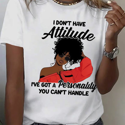 Women's "I Don't Have Attitude" Slogan Graphic T-Shirt - Vibrant Red Short Sleeve Crew Neck Casual Top with Bold Text & Fashion Glasses Design, Machine Washable All-Season Comfort Fit Tee, Fashionforward Look, Durable Fabric