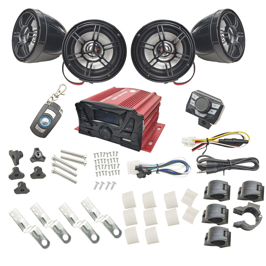 Motorcycle Audio System, 4-Channel High-Power Motorcycle Speaker Set with Anti-Theft Alarm Function, MP3 Stereo Music Player, Audio Amplifier System, Suitable for All-Terrain Vehicles (ATV/UTV)