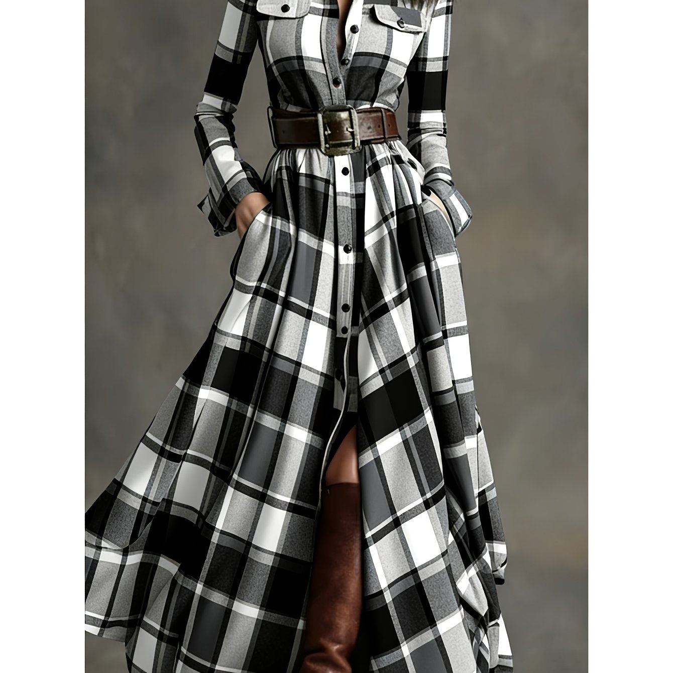 Women'S Brown, White, Black & Gray Plaid Waist-Cinched Maxi Dress | Retro Modern Style, Suitable for Daily Streetwear, Luxury Social Events, and Casual Occasions
