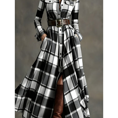 Women'S Brown, White, Black & Gray Plaid Waist-Cinched Maxi Dress | Retro Modern Style, Suitable for Daily Streetwear, Luxury Social Events, and Casual Occasions