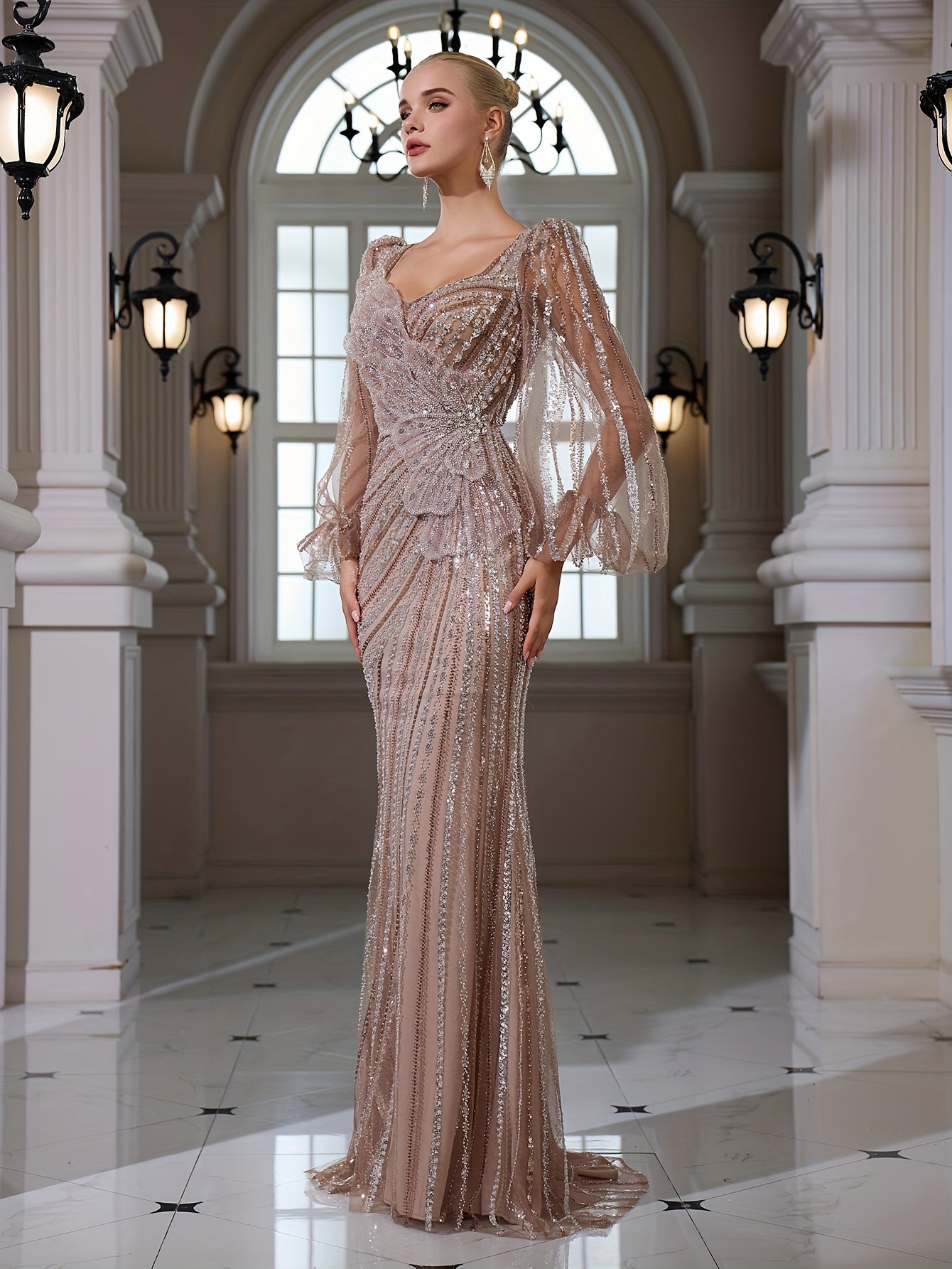 Elegant Square Neck Long Sleeve Bodycon Fishtail Gown with Applique Sequins | Perfect for Weddings, Banquets, and Parties, All-Season Wear
