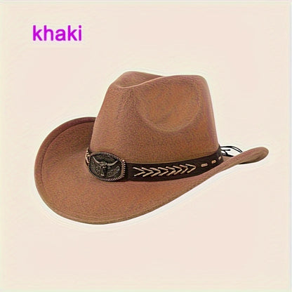 3pcs Unisex Western Cowboy Hats - Wide Brim Sun Protection, Metal Bull Head Buckle & Braided Faux Belt, Vintage Style for Outdoor Riding, Hiking, Rodeo (Black/Brown/White) | Classic Cowboy Style | Faux Fabric