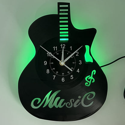 Handmade Guitar-Shaped Vinyl Record LED Wall Clock - Unique Musical Theme, Irregular Shape, Flat Crown, Digital Display, Battery Operated (AA Not Included) - Ideal for Living Room, Bedroom, Office, Music Room Decor - Perfect