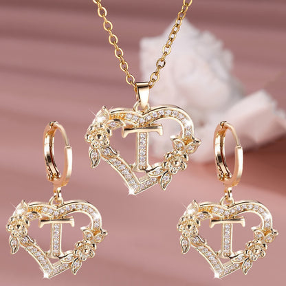3pcs Women's Initial Jewelry Set - Heart-Shaped Interlocking Link Necklace & Earrings with 26-Letter Monogram, Elegant Golden-Tone -Accented Letters, Dainty Everyday Gift for Mother's Day, Graduation, Birthdays (Pink & Clear