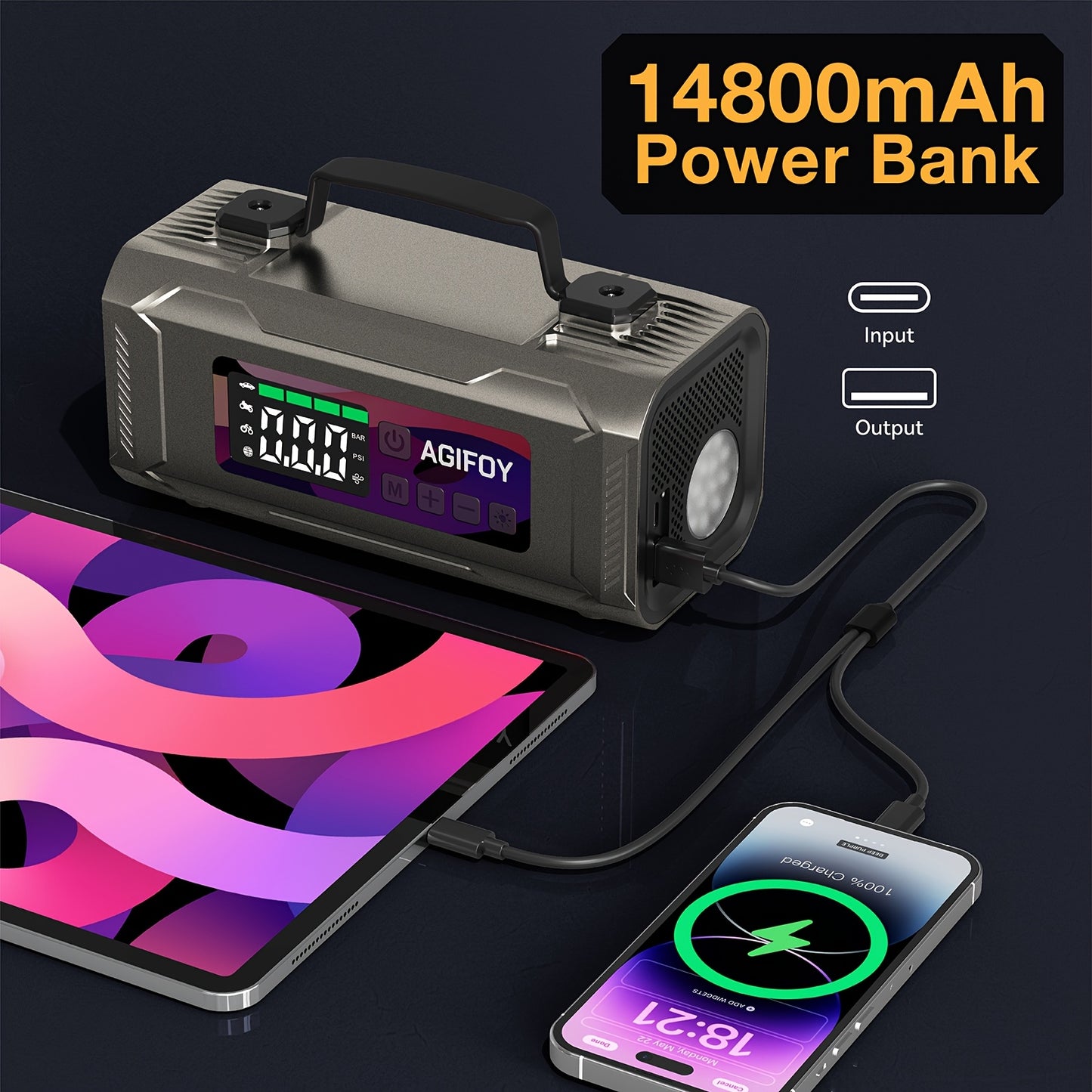 Car Jump Starter with Air Compressor, 6-in-1 2500A Car Battery Charger Power Jumper Starter Pack(All Gas/2.11gal Diesel), 150PSI Tire Inflator, Air Pump for Inflation/Deflation, LED Emergency Light, Jump Starter Battery Pack