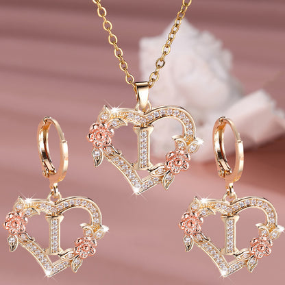 3pcs Women's Initial Jewelry Set - Heart-Shaped Interlocking Link Necklace & Earrings with 26-Letter Monogram, Elegant Golden-Tone -Accented Letters, Dainty Everyday Gift for Mother's Day, Graduation, Birthdays (Pink & Clear