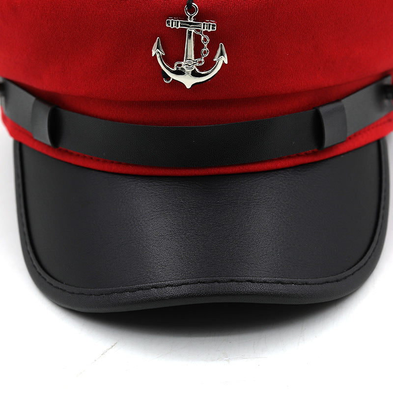 Women's Nautical Anchor Beret Hat - Red & Black Yacht with White Anchor Emblem, Adjustable Buckle Closure, Large Head Size for Face, All-Season Lightweight French-Style for Sailing, Parties & Maritime Events
