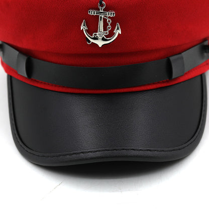 Women's Nautical Anchor Beret Hat - Red & Black Yacht with White Anchor Emblem, Adjustable Buckle Closure, Large Head Size for Face, All-Season Lightweight French-Style for Sailing, Parties & Maritime Events