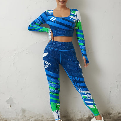 2 Women's U-neck Sports Long-sleeved Suits, Fashion Printed Polyester And Spandex, High-elastic Sportswear Tops And High-waist Leggings, Long-sleeved Short Tops with Elastic Waist Pants, Suitable for Training And Running Fitn