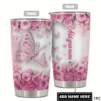 One Personalized 40Oz Tumbler Featuring a Lid And a Butterfly Design, Customized with a Name. This Stainless Steel Water Bottle Is Insulated And Built to Last, Making It a Perfect Gift for Various Occasions Such As Birthdays,