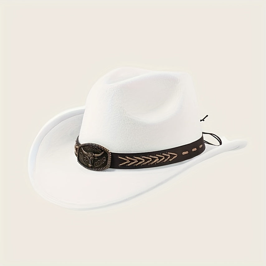 3pcs Unisex Western Cowboy Hats - Wide Brim Sun Protection, Metal Bull Head Buckle & Braided Faux Belt, Vintage Style for Outdoor Riding, Hiking, Rodeo (Black/Brown/White) | Classic Cowboy Style | Faux Fabric