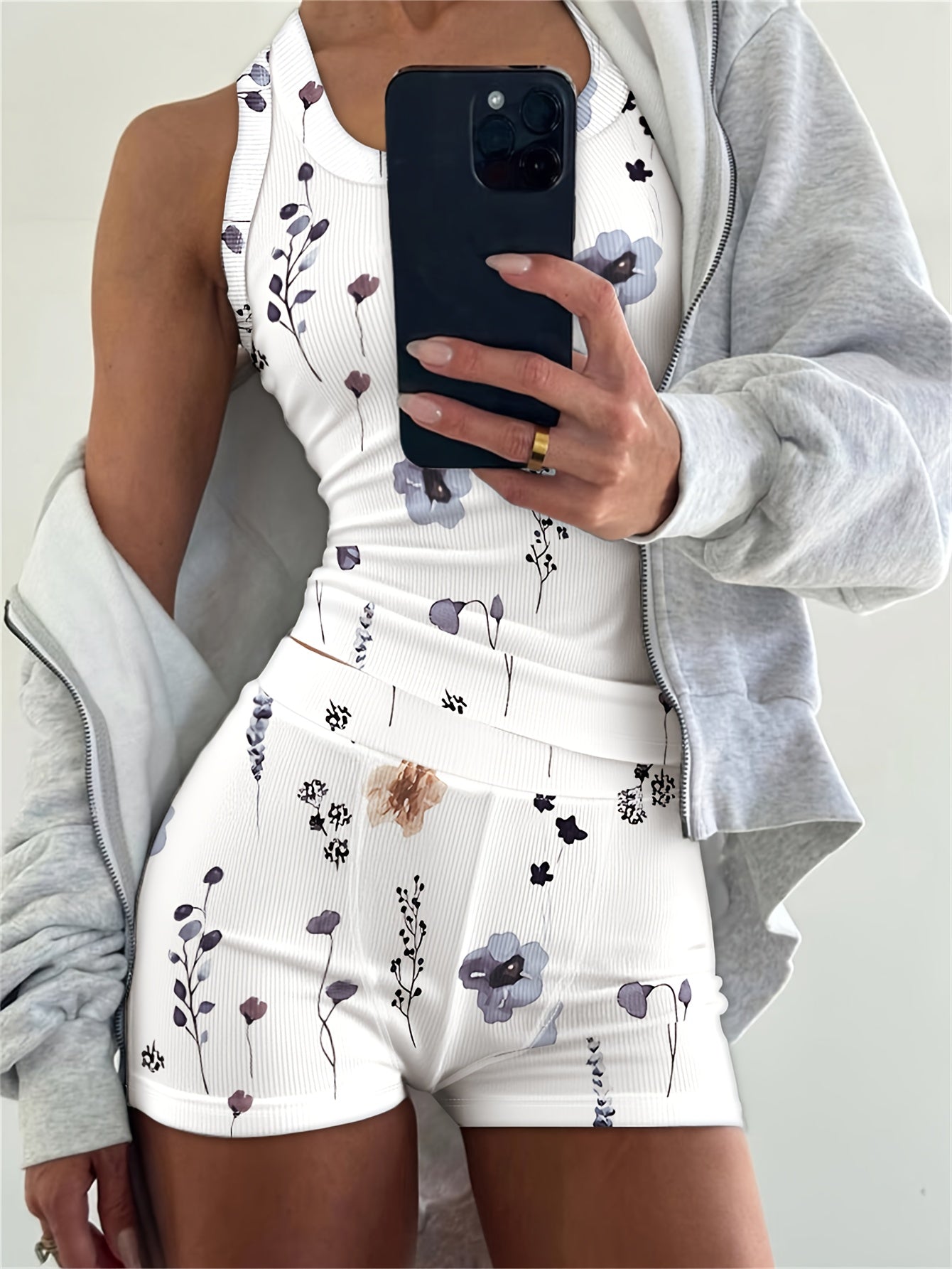 2pcs Outfit Floral Print U-Neck Tank Top And Elastic Waist Shorts Set Slim Fit Ribbed Set