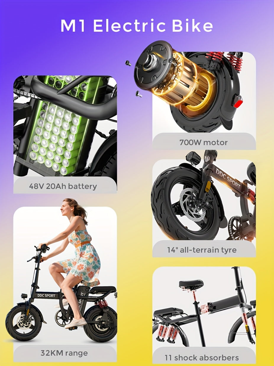 700W Folding E-Bike for Adults: Tackle 25° Hills & 20MPH Speeds. 35-Mile Range with 48V 20Ah Removable Battery, 385LBS Capacity & 11-Layer Shock Absorption for A Smooth Ride. Your All-in-One Commute & Adventure Solution