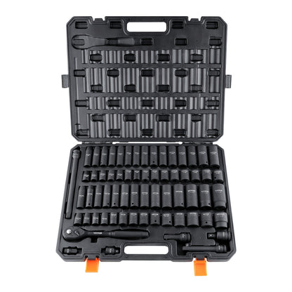 HAPPYBUY 1/2" Drive Impact Socket Set, 65pcs Socket Set SAE 3/8" To 1-1/4" And Metric 10-24mm, 6 Point Cr-V Alloy Steel For Auto Repair, Rugged Construction, Easy-to-Read Size Markings, Storage Case
