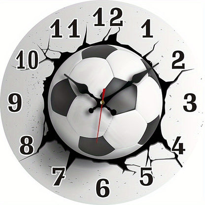 [Silent Soccer Clock] Stylish Silent Soccer Ball Wall Clock, 1pc | Round Wooden Quartz Movement, Ideal for Bedroom, Living Room, Office, Kitchen, Bathroom Decor - Battery Operated (AA Battery Not Included)