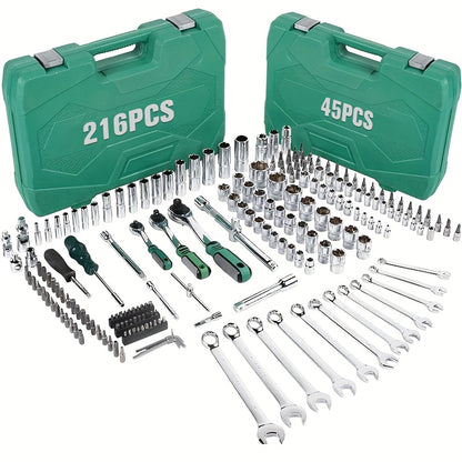 High-end Professional 216&45pcs Mechanical Tool Set, 1/2*1/4 Inch And 3/8 Inch Drive Depth And Standard Wrench Set, Torque Wrench, Auto Parts Repair And Household Mechanical Tool Set, Suitable for Vehicle And Bicycle Repair T