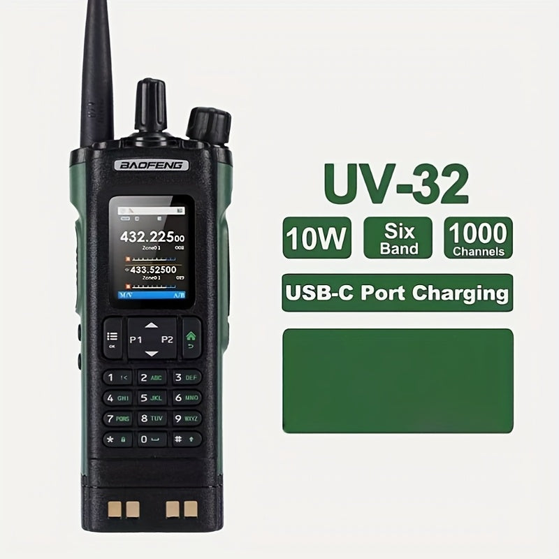 BAOFENG UV-32 Multi-Band Handheld Radio with GPS, 10W High-Power Walkie Talkie, Type-C Charging, 6-Band UHF/VHF/ HF/AM/FM/LSB, NOAA Weather Alerts, USB-C Charging, Compatible with PC/Laptop, for Emergency Services, Constructi