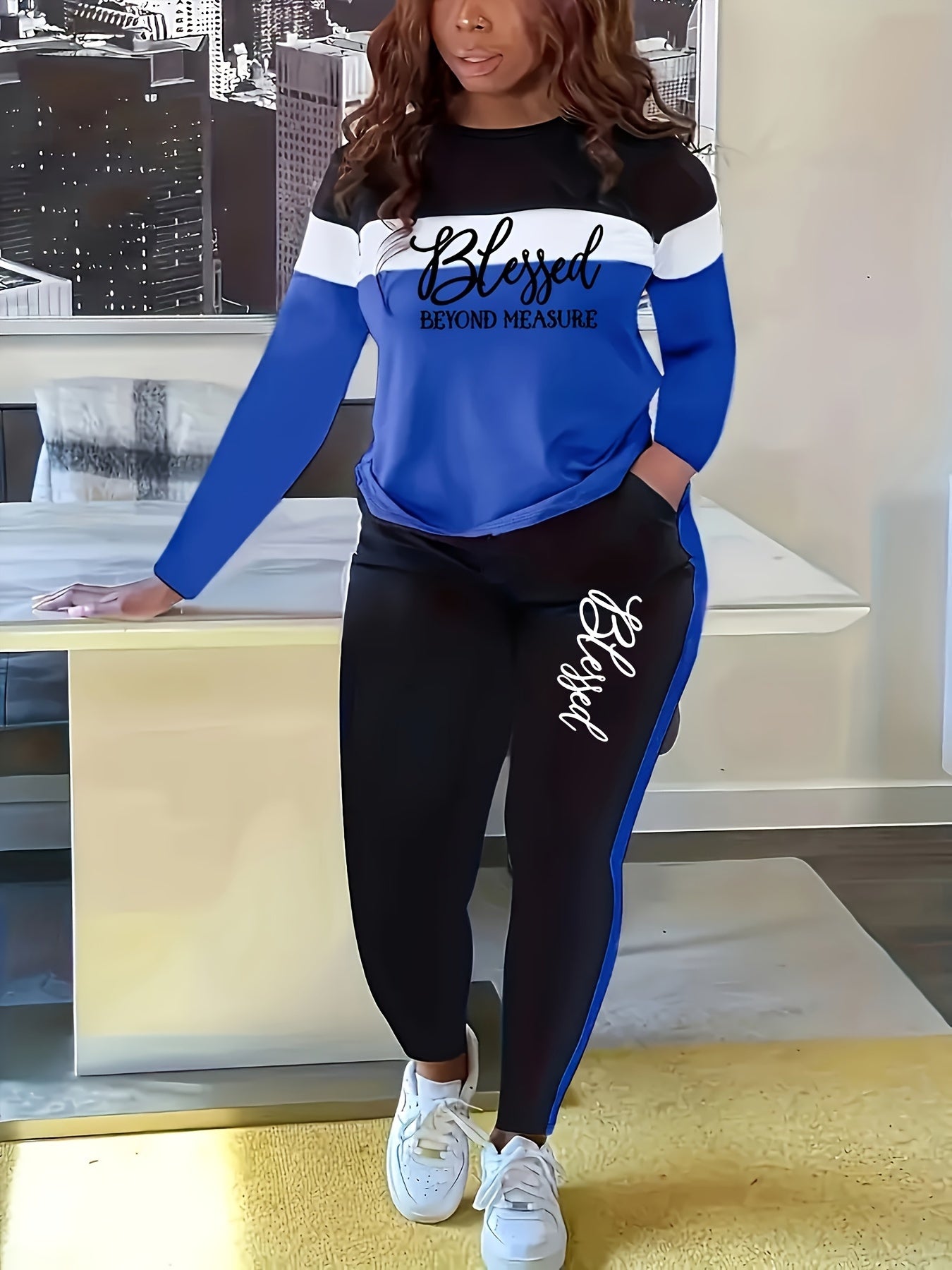 Women's Casual Suit with Color Block and Letter Print, Workwear Set, Casual Attire, Geometric Pattern, Trendy Fashion, Durable Material, Comfortable Fabric, Stylish Ensemble, Matching Set, Urban Style, Fashion Women