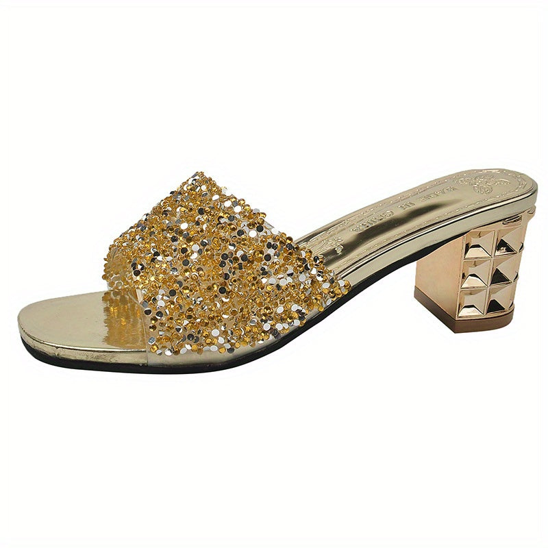 Women'S Chunky Heel Sandals - Slip-On Open-Toe High Heels with Ankle Strap, Golden Glamorous Party Shoes for Formal Events, Weddings, Nightouts - Cushioned Insole & Non-Slip PVC Sole - Available in Wide Widths (Women'S Summer