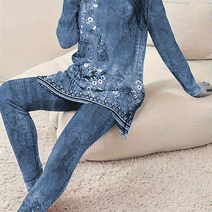 Plus Size Floral Print Two-piece Set, Crew Neck Long Sleeve Top& Pants Outfits, Women's Plus Size Clothing